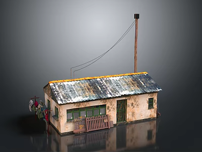 Small Old House With Rusted Metal Roof Clothesline Wooden Fence And Green Framed Windows 3d model