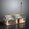 Small Old House With Rusted Metal Roof Clothesline Wooden Fence And Green Framed Windows