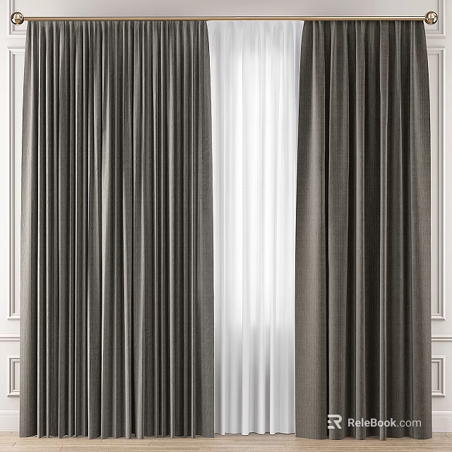 Dark Textured Curtains With White Sheer Layers For Modern Window Decor 3d model 
