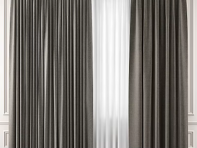 Dark Textured Curtains With White Sheer Layers For Modern Window Decor 3d model