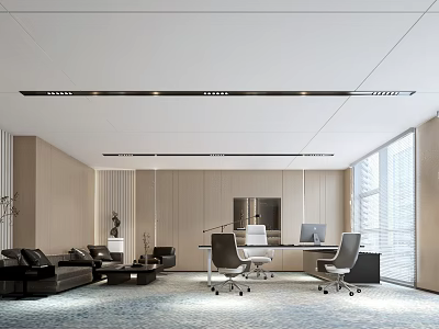 Modern Office Interior Design With Desk Office Chairs Sofa Area And Floor to Ceiling Windows 3d model