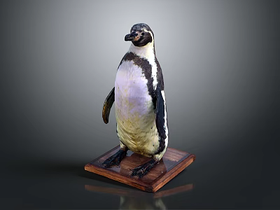 Realistic Mounted Taxidermy Penguin Standing In Natural Posture On Polished Wooden Base 3d model