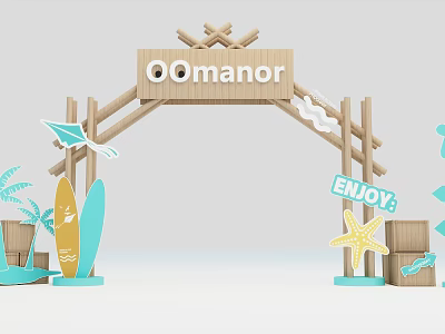 Wooden Event Entrance Archway with OOManor Sign Surfboard Starfish Paper Plane and ENJOY Decor 3d model