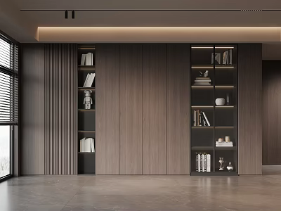Modern Wooden Bookcase Interior Design With Shelves Books And Decorative Items 3d model