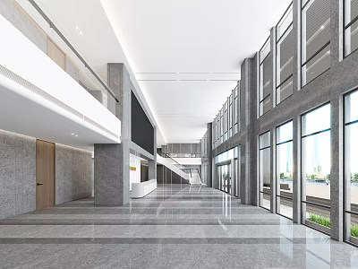 Modern Front Desk Reception Area With Spacious Bright Lobby Marble Floor And Glass Curtain Walls 3d model