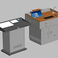 Modern Classroom Podium With Orange Top Display Screen Keyboard Microphone And Cabinets 3d model