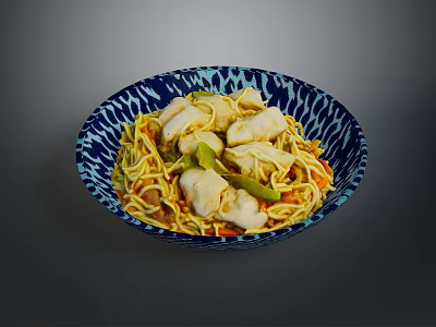Appetizing Noodles With Chicken Pieces In Blue And White Patterned Bowl 3d model
