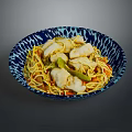 Appetizing Noodles With Chicken Pieces In Blue And White Patterned Bowl