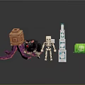 Skeleton Character And Black Wolf Creature With Orange Tentacled Block Blue Tower And Green Cube