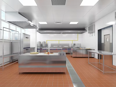 Commercial Kitchen Interior With Stainless Steel Worktables Tile Floor And Ventilation System 3d model