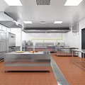 Commercial Kitchen Interior With Stainless Steel Worktables Tile Floor And Ventilation System