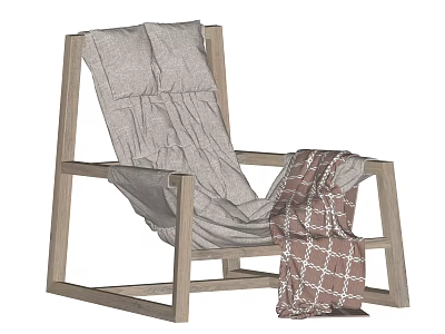Leisure Chair with Wooden Frame Light Gray Fabric Cushion Wrinkled Design and Geometric Pattern Blanket 3d model
