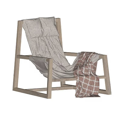 Leisure Chair with Wooden Frame Light Gray Fabric Cushion Wrinkled Design and Geometric Pattern Blanket 3d model