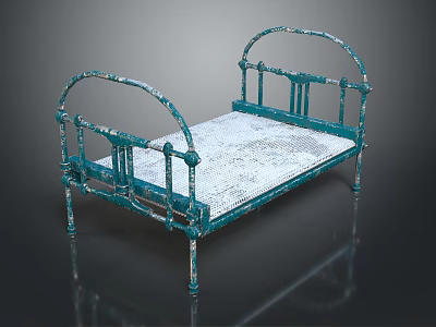 Vintage Teal Single Bed With Curved Metal Frame And White Mattress 3d model