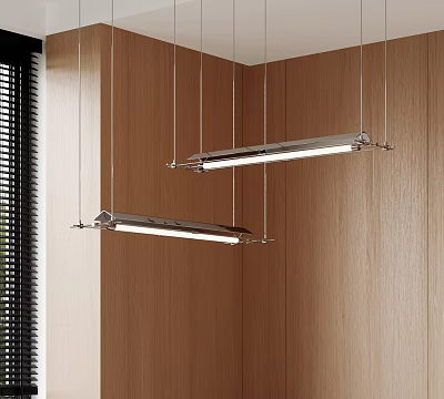 Modern Interior With Sleek Linear Metal Pendant Lights Hanging Against Wooden Walls 3d model