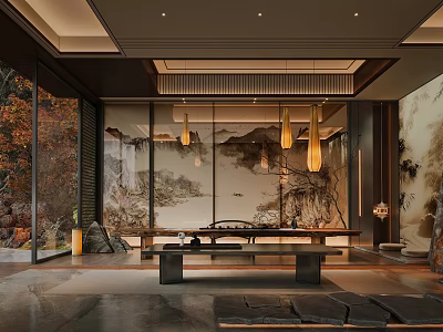 Traditional Teahouse Interior Design With Hanging Lanterns Landscape Paintings Tea Table And Stone Slabs 3d model