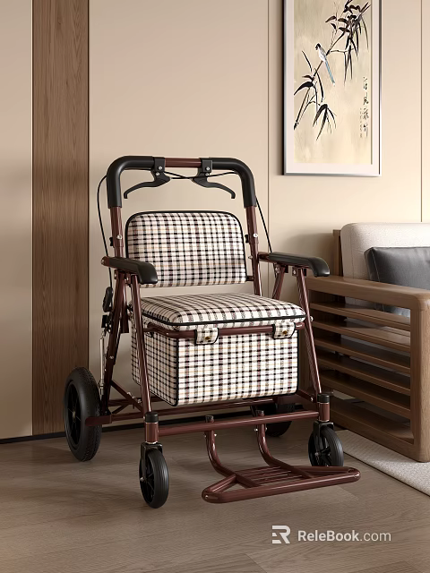 Plaid Upholstered Walker With Seat And Storage Compartment In Living Room 3d model 