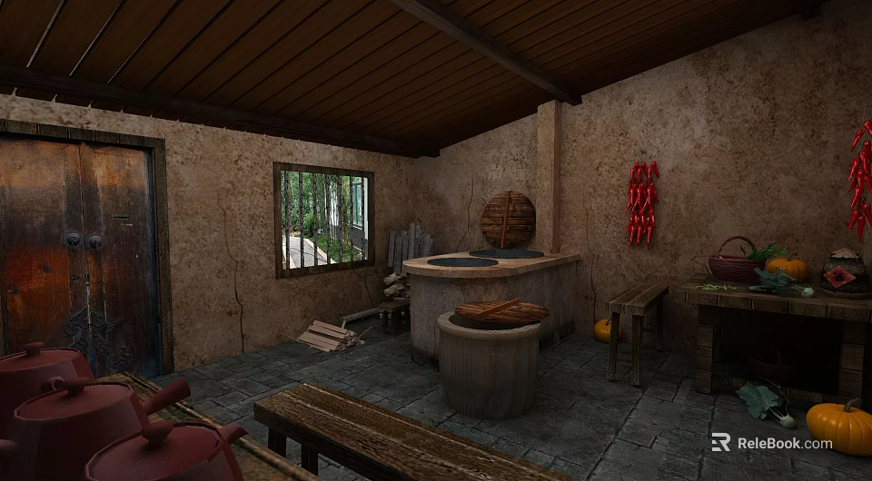 Cartoon Scene with Adobe Walls Wooden Roof Cooking Stove Water Vat and Red Chili Strings 3d model 