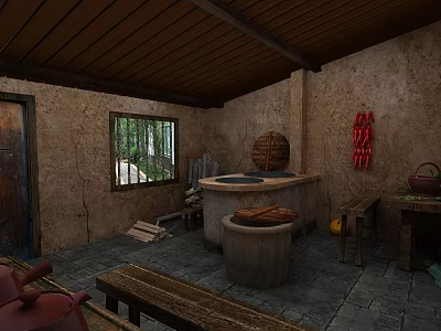 Cartoon Scene with Adobe Walls Wooden Roof Cooking Stove Water Vat and Red Chili Strings 3d model