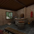 Cartoon Scene with Adobe Walls Wooden Roof Cooking Stove Water Vat and Red Chili Strings