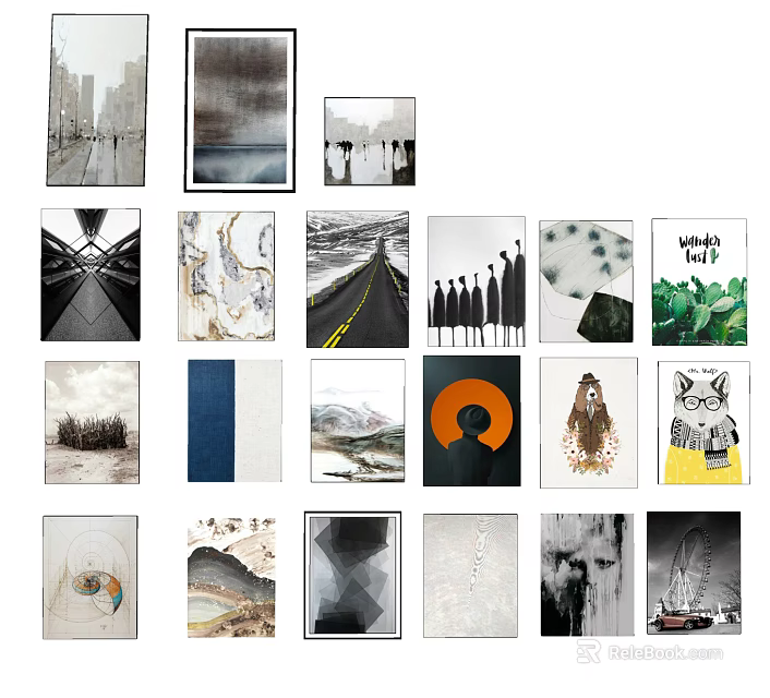 Diverse Wall Art Collection Featuring Modern Abstract Landscape and Minimalist Designs 3d model 
