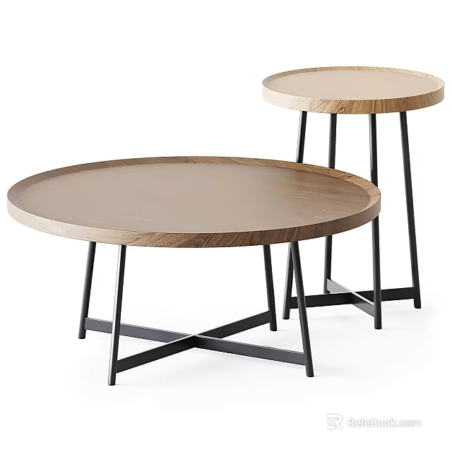 Modern Minimalist Two Piece Round Coffee Tables With Wooden Top And Black Metal Legs 3d model 