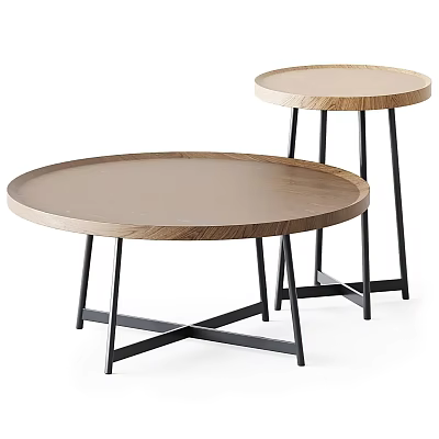 Modern Minimalist Two Piece Round Coffee Tables With Wooden Top And Black Metal Legs 3d model