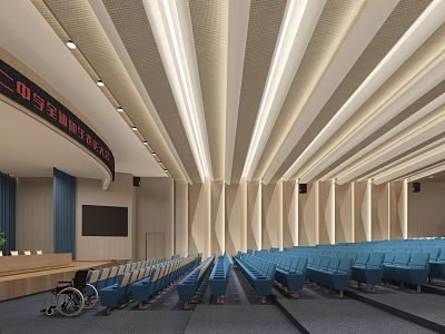 Modern Conference Room Interior With Blue Seats Lectern Screen Lighting Design And Wheelchair Access 3d model