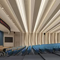 Modern Conference Room Interior With Blue Seats Lectern Screen Lighting Design And Wheelchair Access