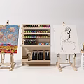 Colorful Art Supplies Display With Easels Color Painting Sketch Paint Tubes And Brushes On Shelf