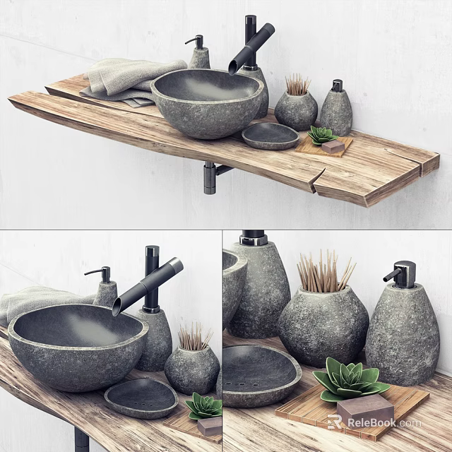 Rustic Bathroom Vanity With Wooden Countertop Stone Washbasin Decorative Bottles And Succulent Plant 3d model 