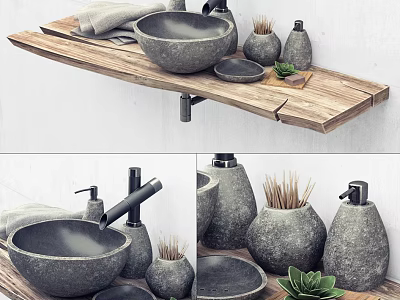 Rustic Bathroom Vanity With Wooden Countertop Stone Washbasin Decorative Bottles And Succulent Plant 3d model