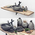 Rustic Bathroom Vanity With Wooden Countertop Stone Washbasin Decorative Bottles And Succulent Plant