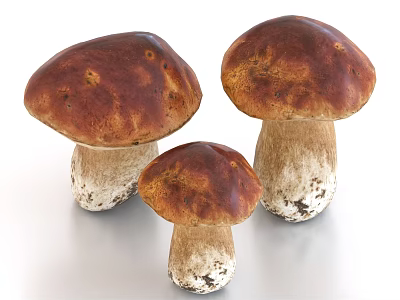 Fresh Porcini Mushrooms with Brown Caps and White Stalks in Three Sizes 3d model