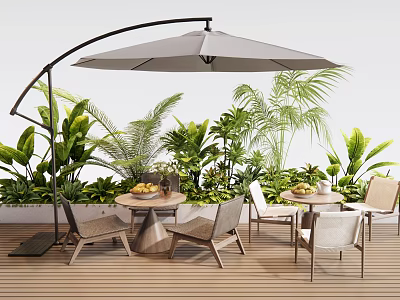 Stylish Outdoor Table With Cantilever Umbrella Green Plants And Chairs On Wooden Deck 3d model