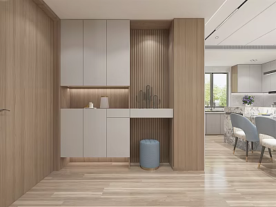 Modern Entryway Hallway Interior Design With Wooden Cabinets Minimalist Console And Blue Trash Can 3d model