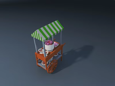 Wooden Functional Cart with Green White Striped Awning Pink Bowl and Plates 3d model