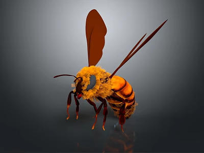 Detailed 3D rendered yellow and orange bee with transparent wings textured body and compound eyes 3d model