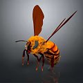 Detailed 3D rendered yellow and orange bee with transparent wings textured body and compound eyes