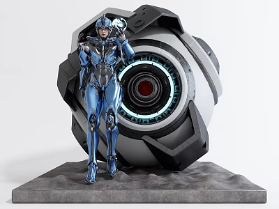 Game Movie Character In Blue Mech Suit With Large Circular Device And Red Blue Lights 3d model