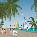 Tropical Beach Scene with Palm Trees Sailboats and People Under Blue Sky White Clouds