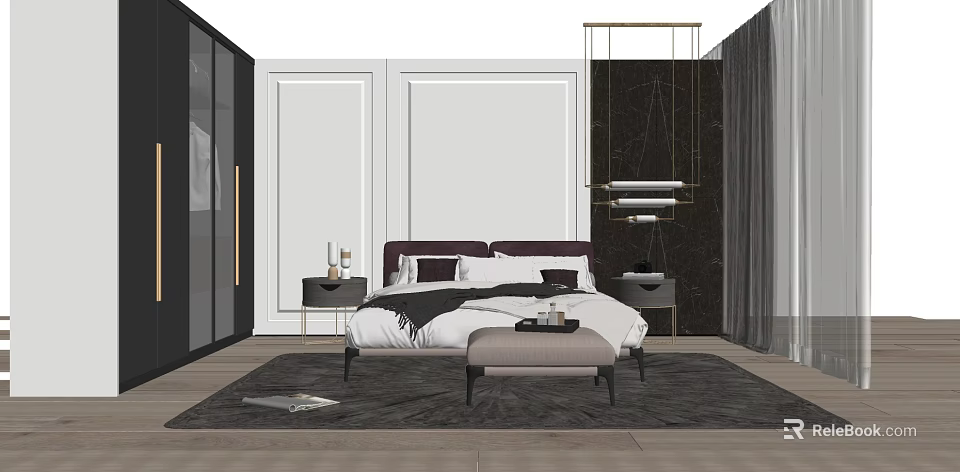 Luxurious Bedroom Setting With Double Bed Bedside Tables Bench And Decorative Lights 3d model