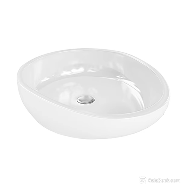 White Countertop Bowl Shaped Washbasin with Smooth Surface and Central Drain Hole 3d model 