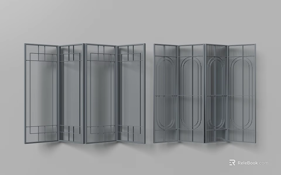Modern Folding Room Divider Screen With Geometric Metal Frame And Grid Design 3d model 