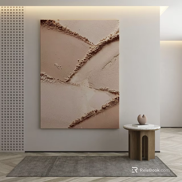 Abstract Textured Wall Art With Beige Background And Small Decorative Table 3d model