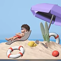 Sandy Beach Scene With Purple Umbrella Lounge Chair Surfboards Life Rings And Blue Sky Ocean