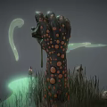 Cartoon Scene Featuring Mysterious Spotted Creature Broken Structure Green Ghosts Grass Mushrooms And Skull