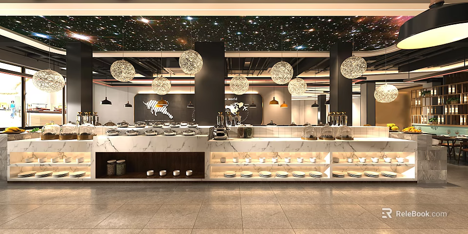 Modern Restaurant Open Kitchen Interior With Island Counter And Pendant Lights 3d model 