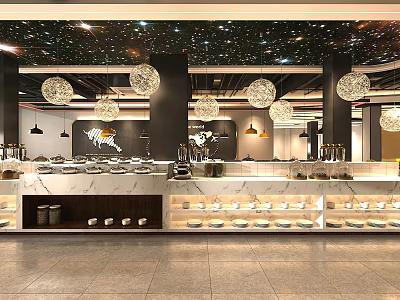 Modern Restaurant Open Kitchen Interior With Island Counter And Pendant Lights 3d model