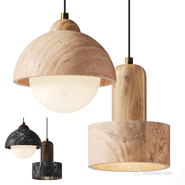 Modern Wooden And Marble Pendant Light Design With Stylish Textured Shade For Interior 3d model 